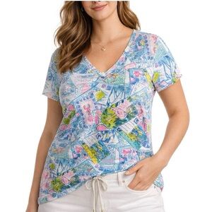 Lilly Pulitzer Etta V-Neck Tee Shirt Size Small Wish You Were Here Travel NEW